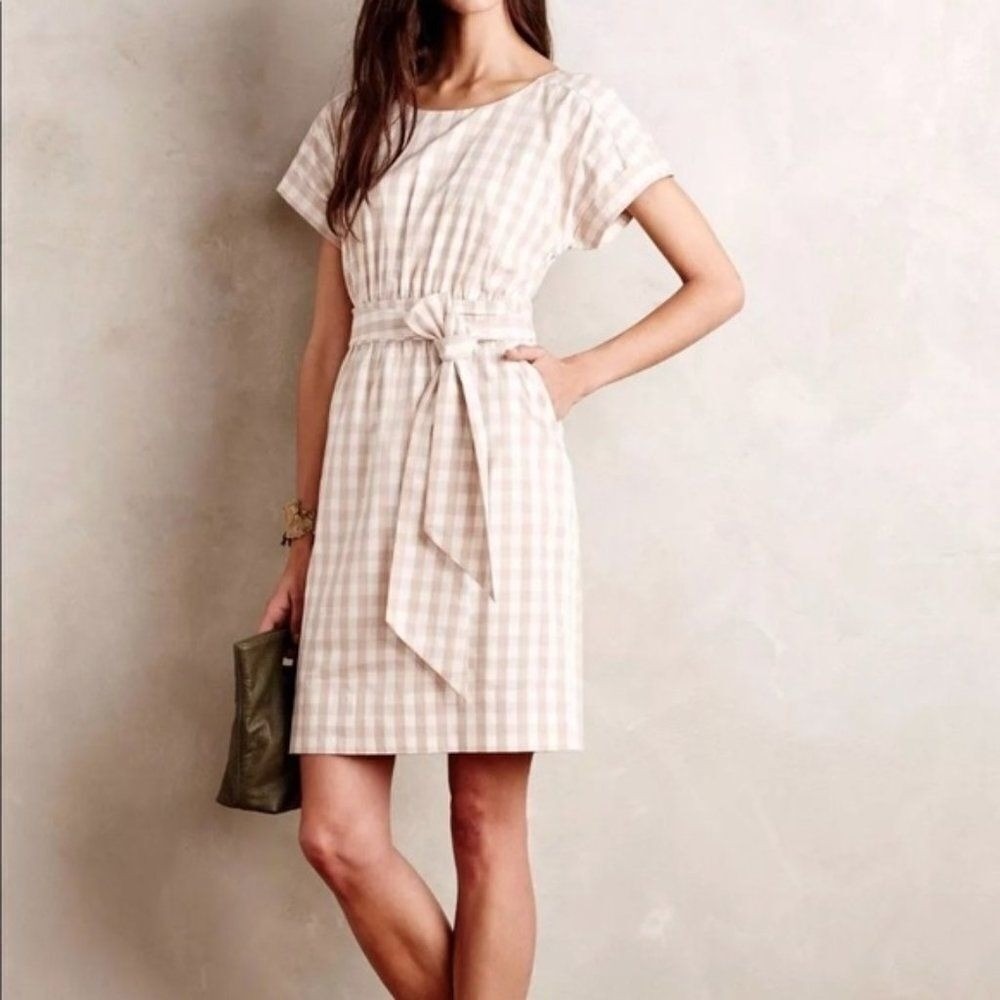 HD in Paris Anthropologie Tan Gingham Tie Waist Dress Short Sleeve Pockets Sz 2